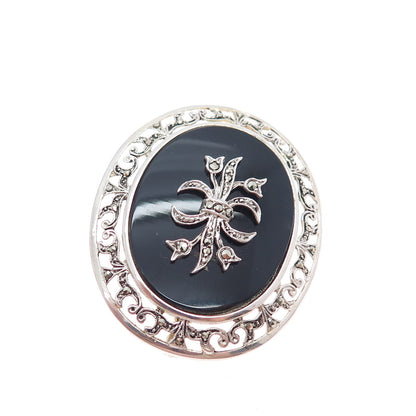 835 Silver Antique Art Deco Real Black Onyx & Marcasite Bow Pin Brooch