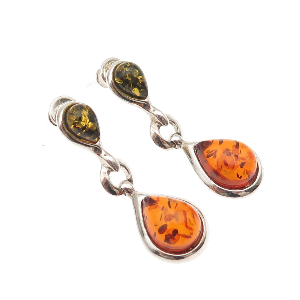 925 Sterling Silver Vintage Real Amber Modernist Teardrop Dangle Earrings