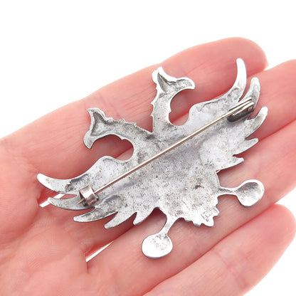 800 Silver Antique Art Deco Poland Double Headed Eagle Oxidized Pin Brooch
