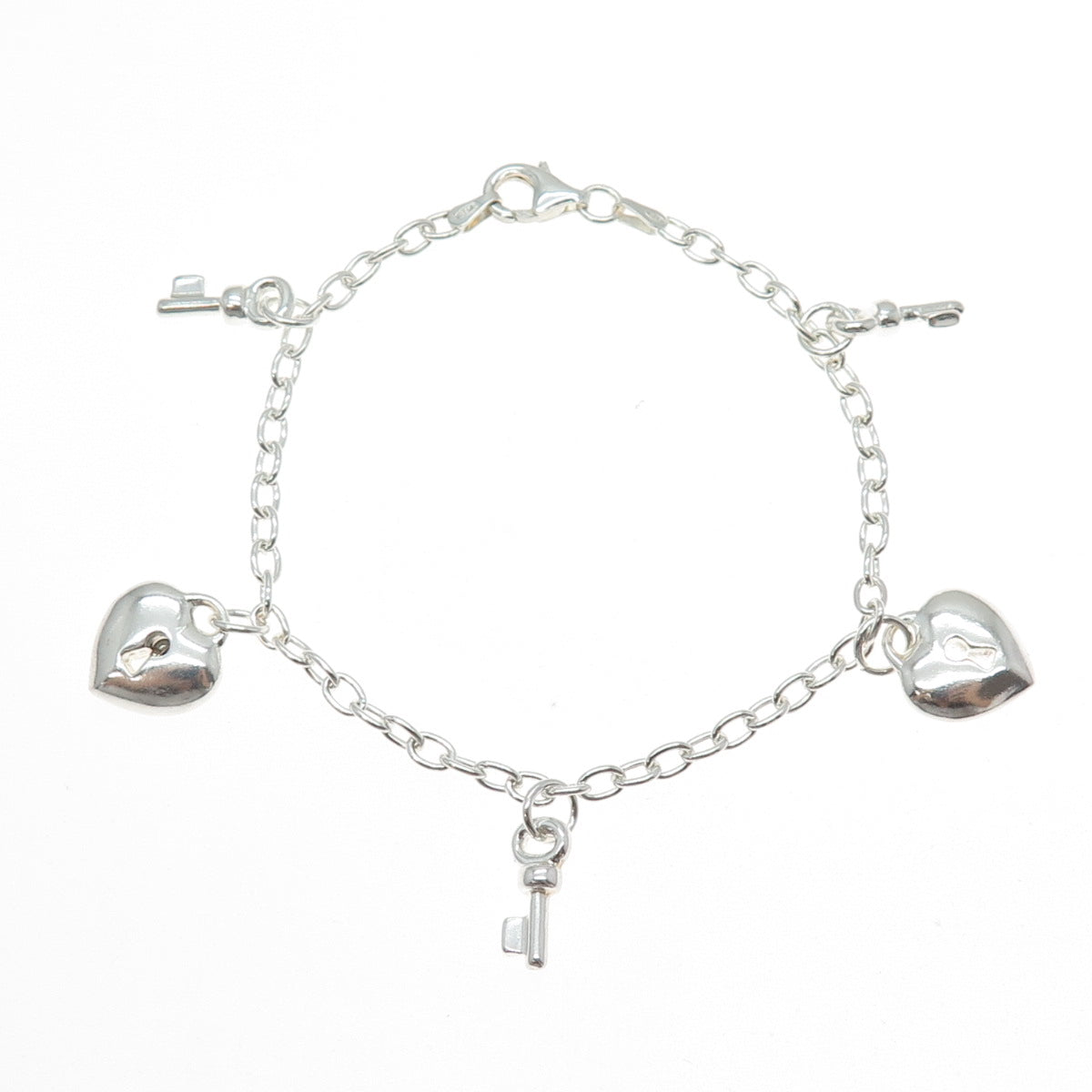 925 Sterling Silver Vintage Italy Heart Lock & Key Charms Oval Link Bracelet 7"