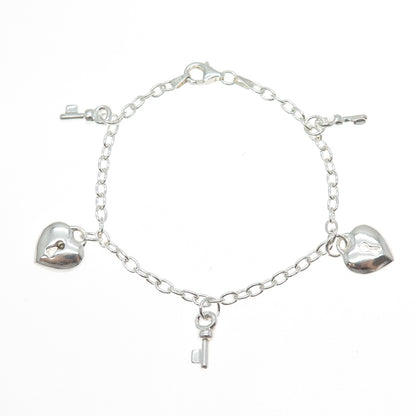 925 Sterling Silver Vintage Italy Heart Lock & Key Charms Oval Link Bracelet 7"