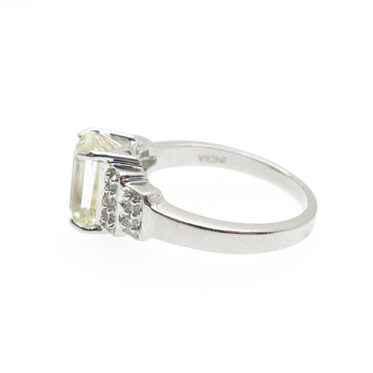 925 Sterling Silver Real Emerald-Cut Citrine & White Topaz Ring Size 6