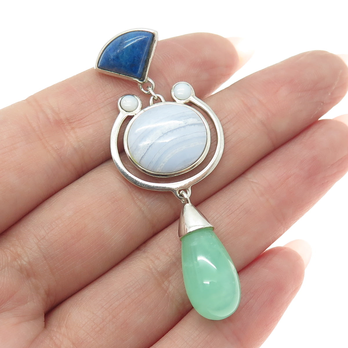 WHITNEY KELLY 925 Sterling Silver Blue Lace Agate Lapis Lazuli Jade Gem Pendant