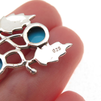925 Sterling Vintage Real Sleeping Beauty Turquoise Floral Leaf Dangle Earrings