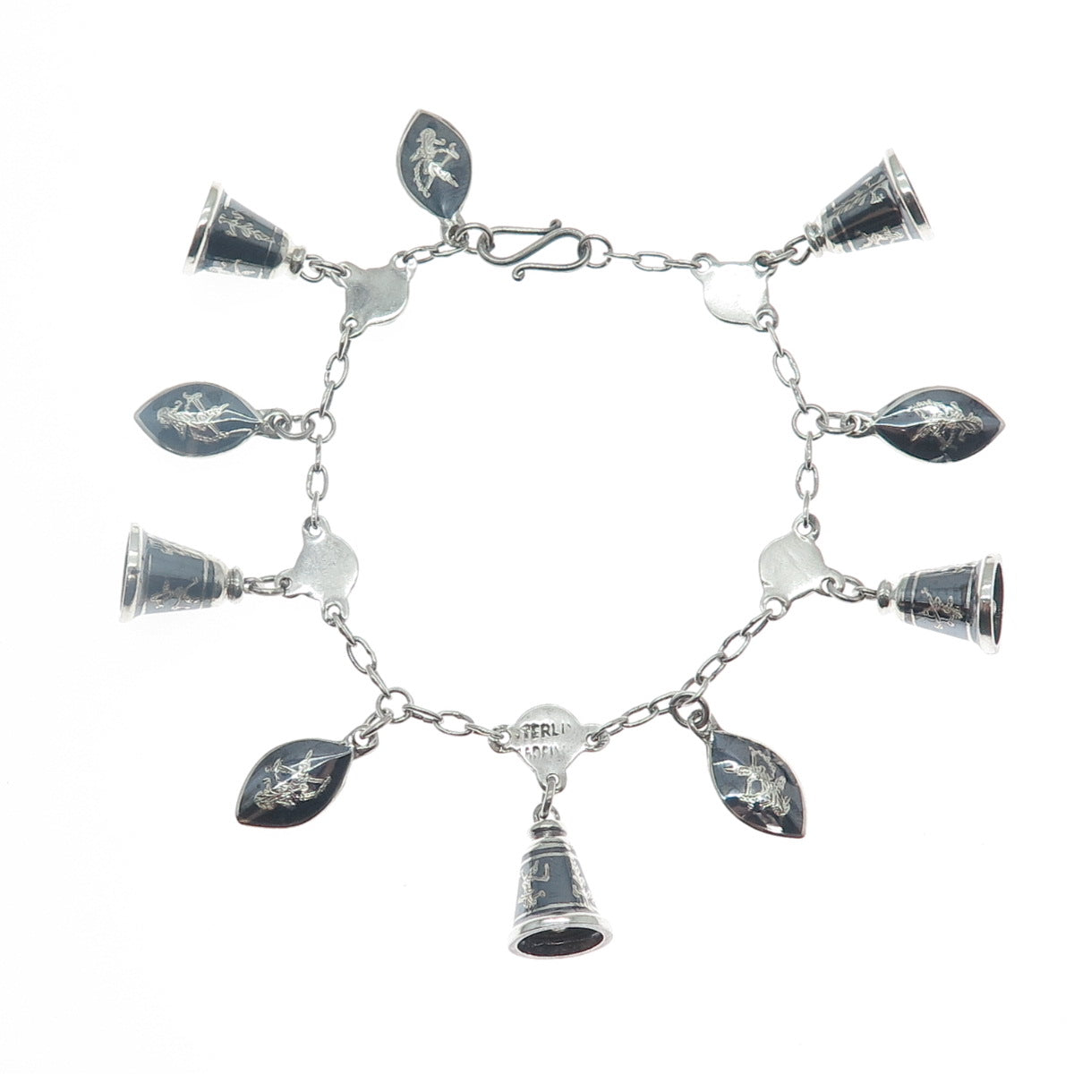 925 Sterling Silver Antique Siam Niello Hindu Goddess Bell Charm Bracelet 6.5"