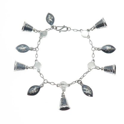 925 Sterling Silver Antique Siam Niello Hindu Goddess Bell Charm Bracelet 6.5"