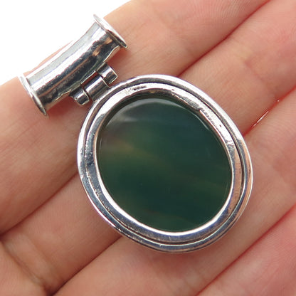 925 Sterling Silver Vintage Real Green Agate Modernist Oxidized Slide Pendant