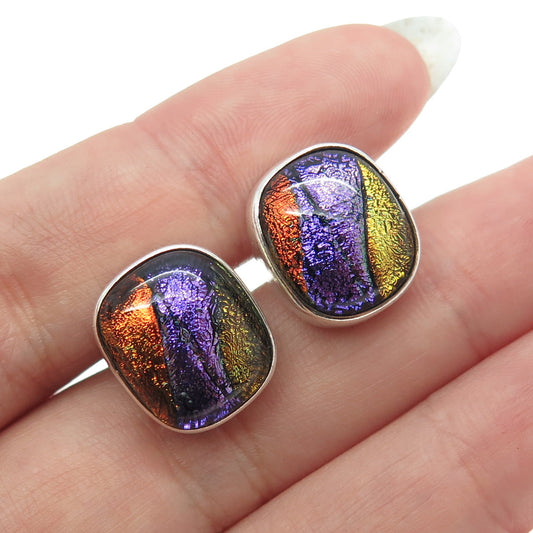 925 Sterling Silver Vintage Mexico Dichroic Glass Cushion Stud Earrings