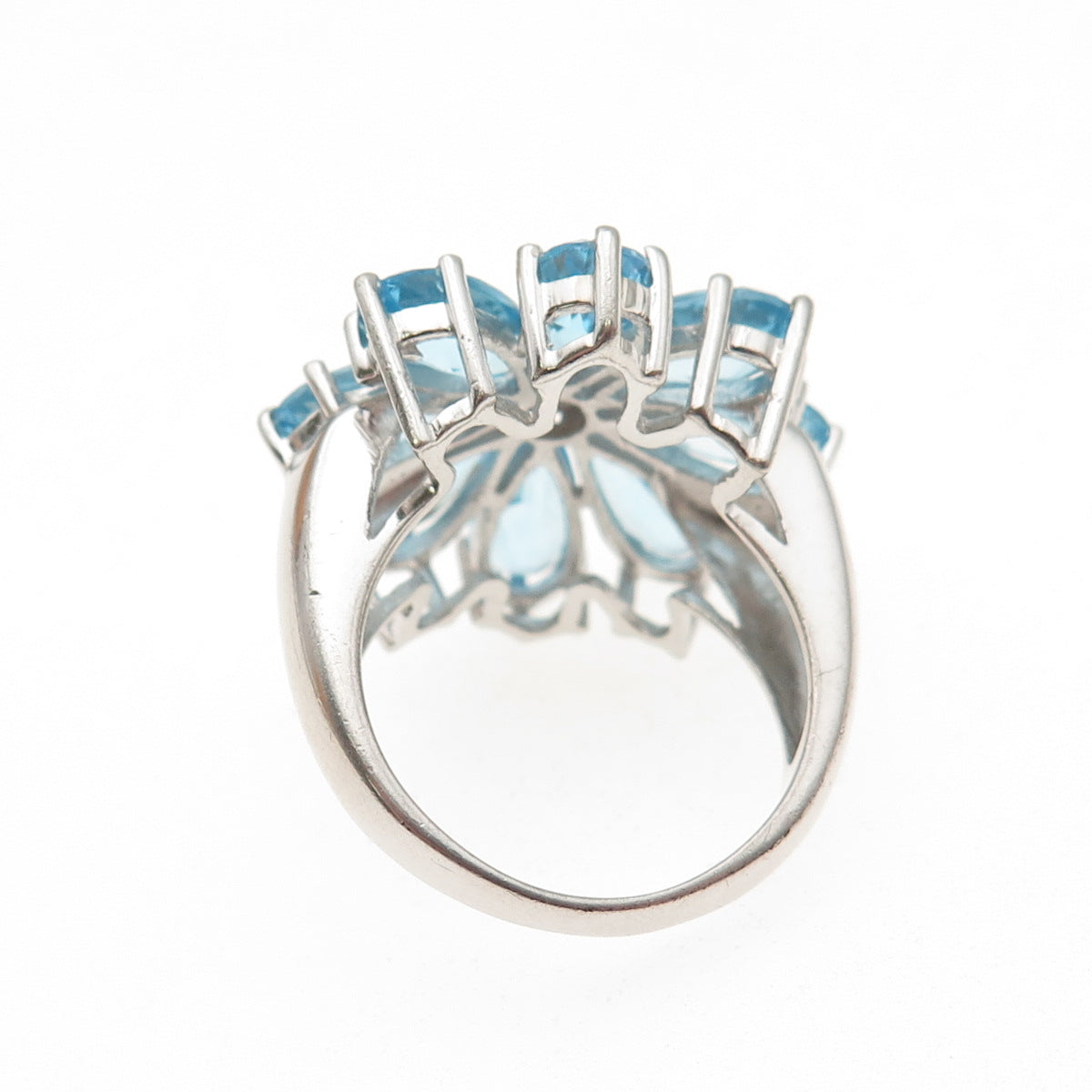 925 Sterling Silver Real Diamond & Swiss Blue Topaz Floral Ring Size 7.25