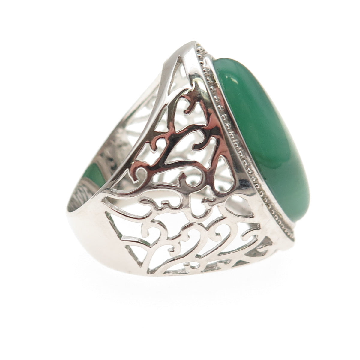 Ken Crafts 925 Sterling Silver Real Green Agate Floral Scroll Ring Size 9