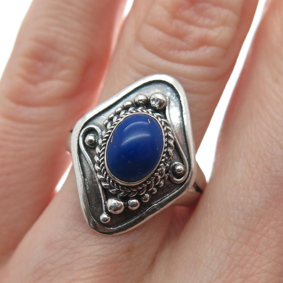 925 Sterling Silver Vintage Real Lapis Lazuli Gem Beaded Oxidized Ring Size 6.5