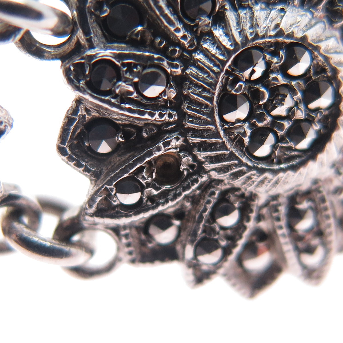 925 Sterling Silver Antique Marcasite Flower Bracelet 6.75" (missing 2 stones)