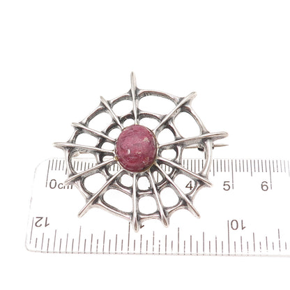 David Andersen 925S Sterling Vintage Norway Real Rhodonite Spider Web Brooch