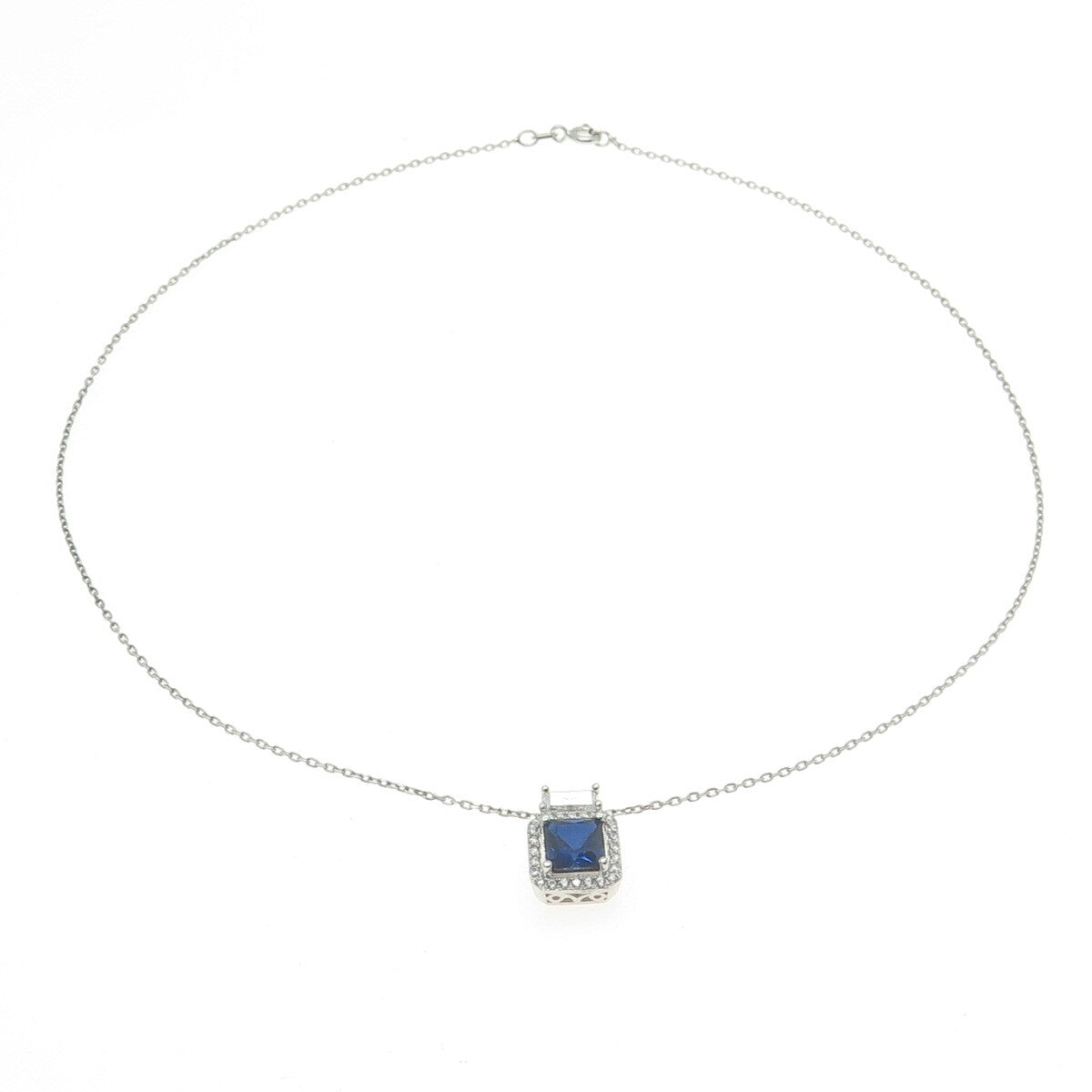 925 Sterling Silver Italy White & Blue C Z Cable Chain Necklace 16"