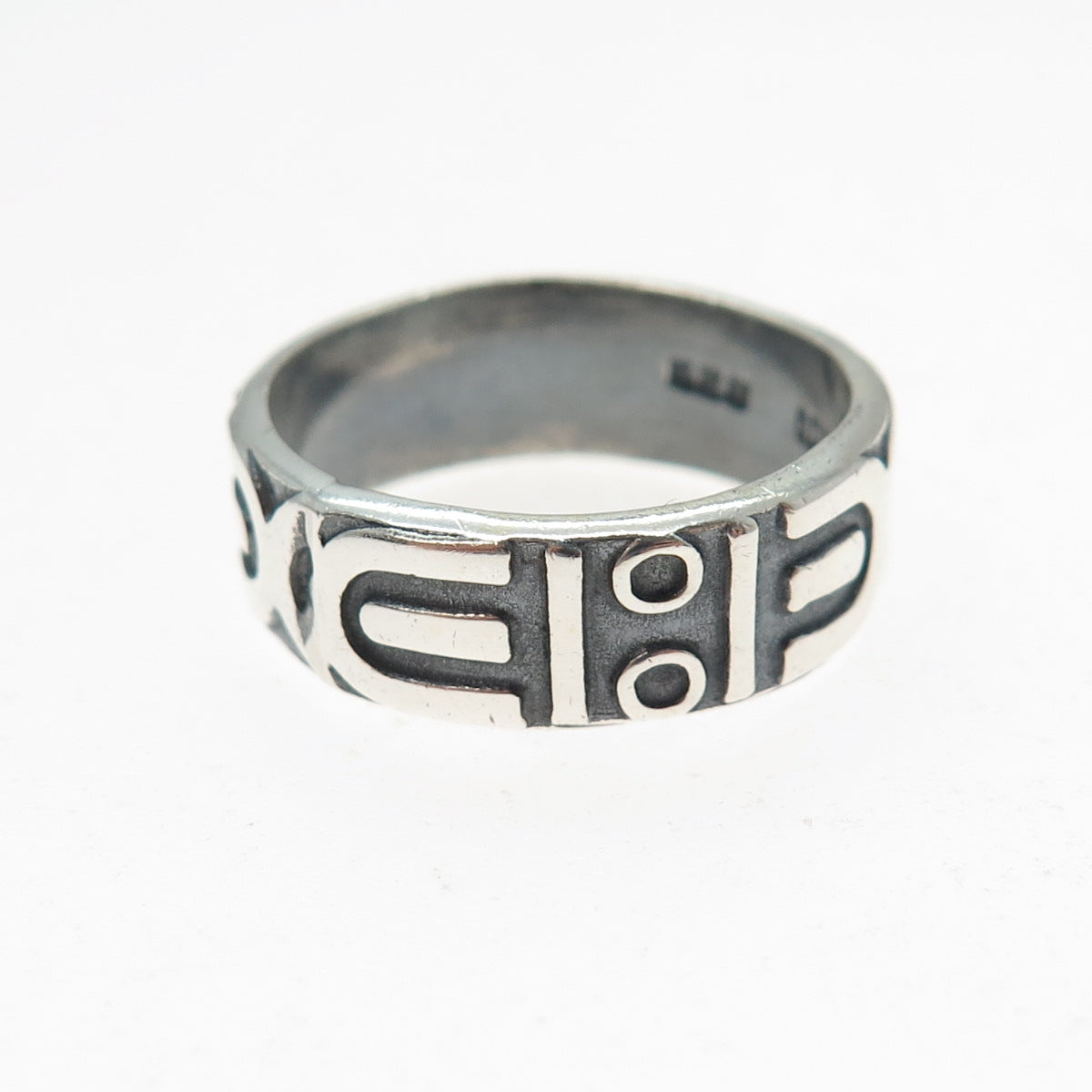 925 Sterling Silver Vintage Mexico Tribal Symbol Oxidized Band Ring Size 9.5