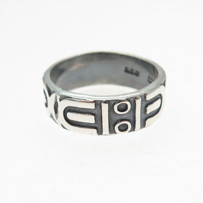 925 Sterling Silver Vintage Mexico Tribal Symbol Oxidized Band Ring Size 9.5