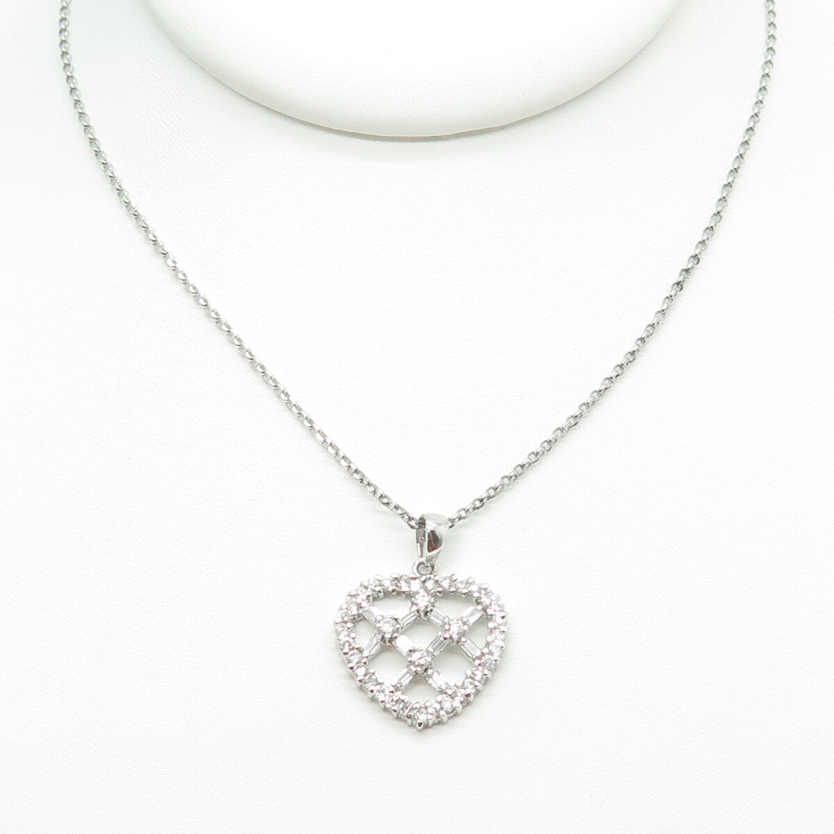 925 Sterling Silver Round & Baguette-Cut C Z Heart Cable Chain Necklace 16"