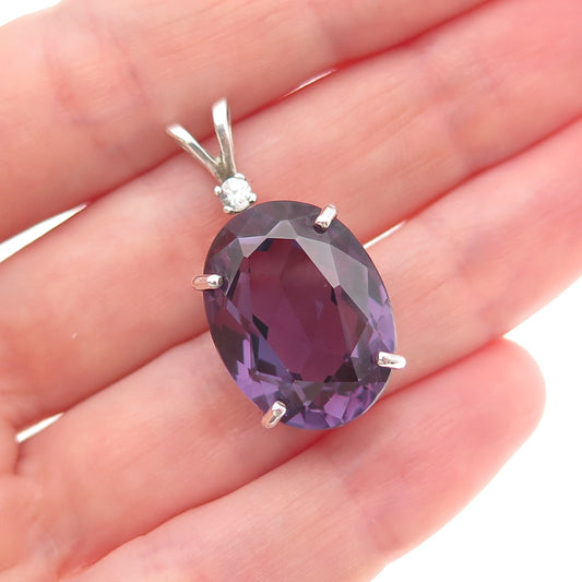 925 Sterling Silver Vintage Lab-Created Peacock Sapphire & C Z Charm Pendant