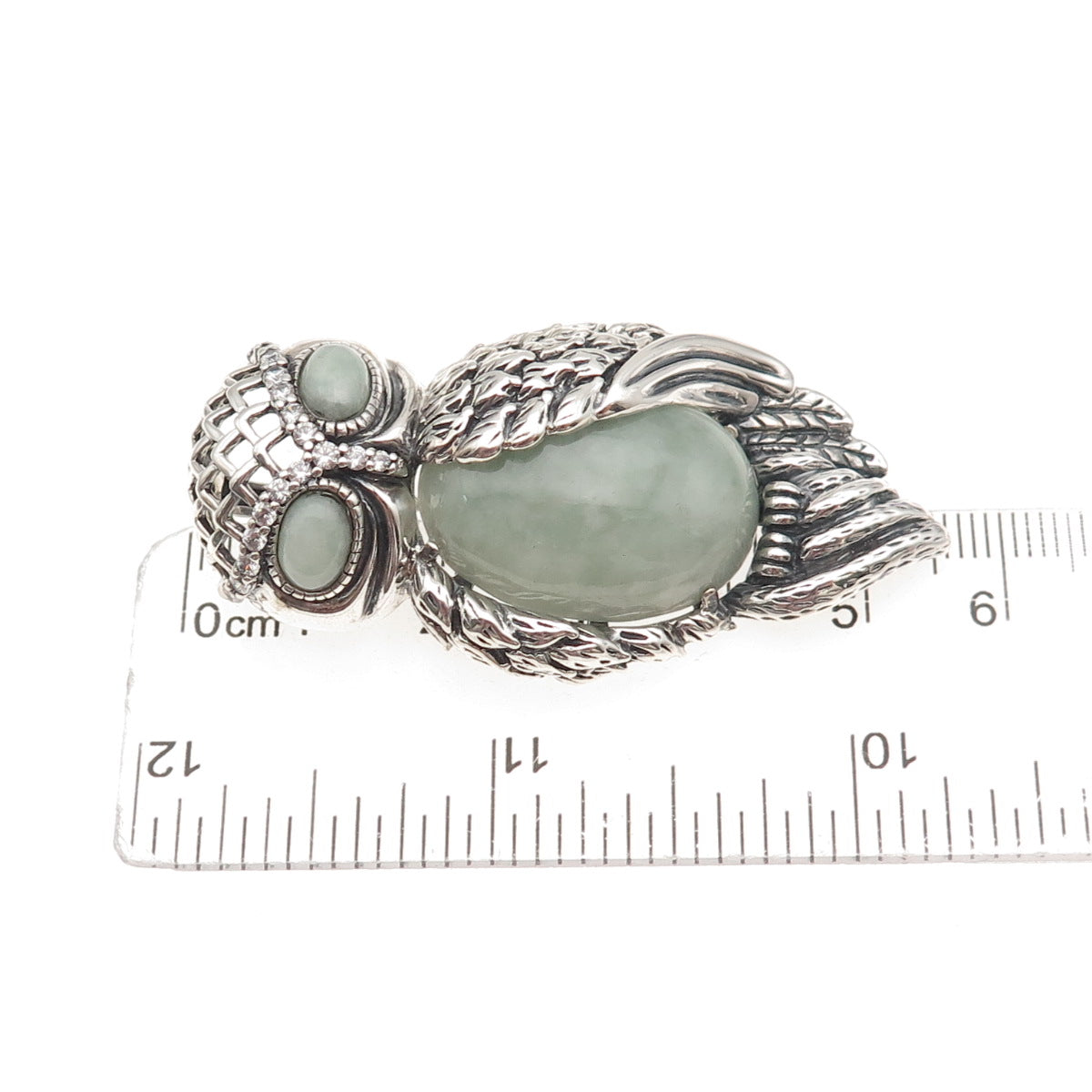 925 Sterling Silver Vintage Real Jade & C Z Owl Bird Oxidized Slide Pendant