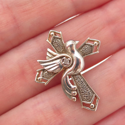 925 Sterling Silver 2-Tone Vintage Real Diamond Holy Spirit Cross Slide Pendant