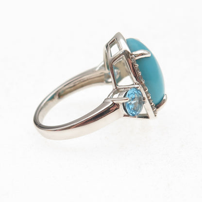 925 Sterling Real Sleeping Beauty Turquoise Blue & White Topaz Ring Size 8.25