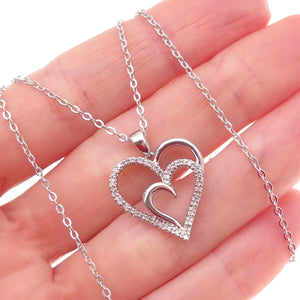 Sun 925 Sterling Silver Real Round-Cut Diamond Double Heart Chain Necklace 18"