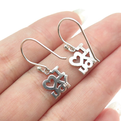 925 Sterling Silver Vintage "I Love You" Dangle Hook Earrings