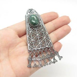925 Sterling Silver Vintage Real Chrysocolla Gem Filigree Ethnic Slide Pendant