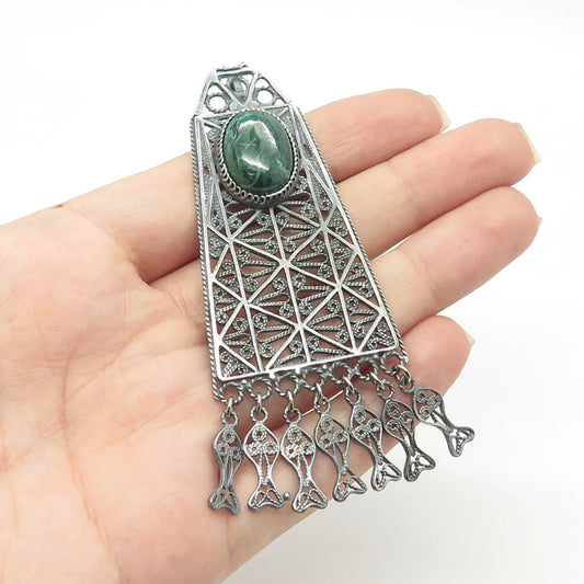 925 Sterling Silver Vintage Real Chrysocolla Gem Filigree Ethnic Slide Pendant
