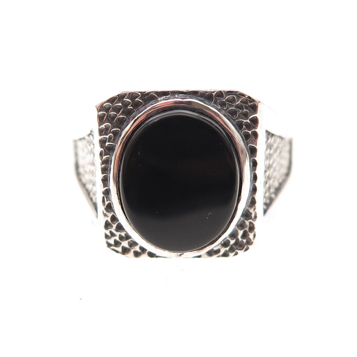 925 Sterling Silver Vintage Real Black Onyx Hammered Oxidized Ring Size 9