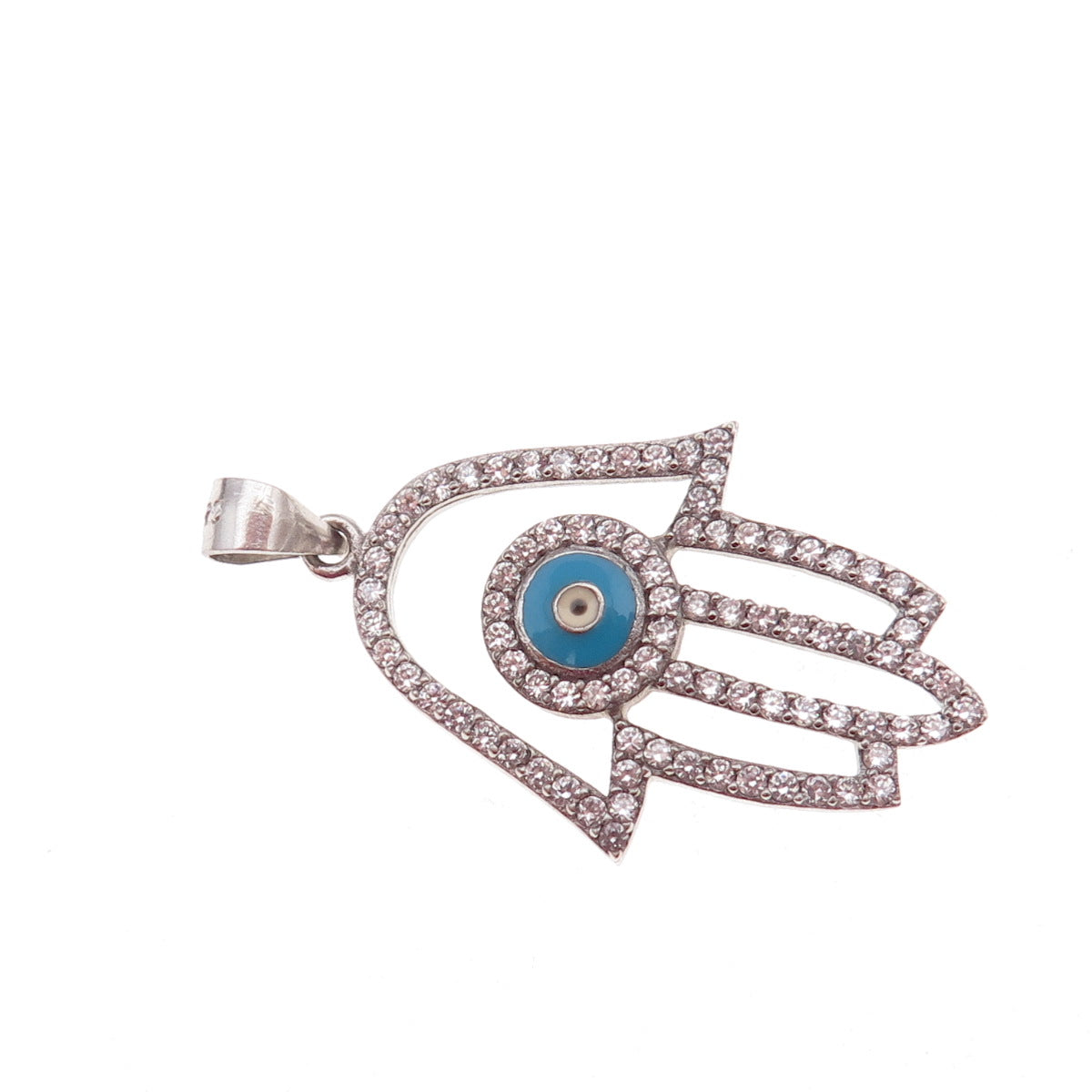 925 Sterling Silver Enamel & C Z Evil Eye Hamsa Amulet Charm Pendant