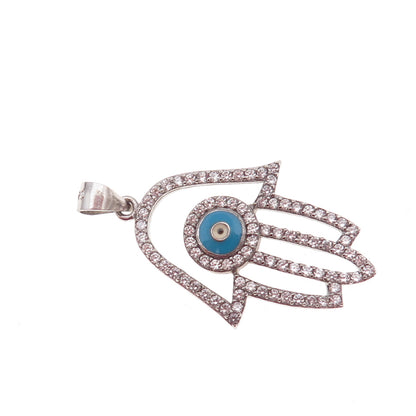 925 Sterling Silver Enamel & C Z Evil Eye Hamsa Amulet Charm Pendant
