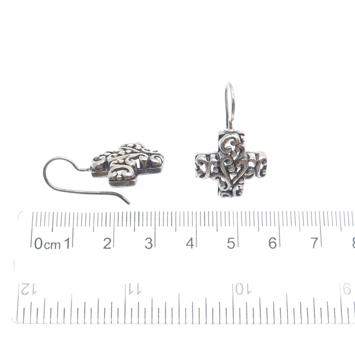SX SALLY C 925 Sterling Silver Vintage Ornate Cross Oxidized Dangle Earrings