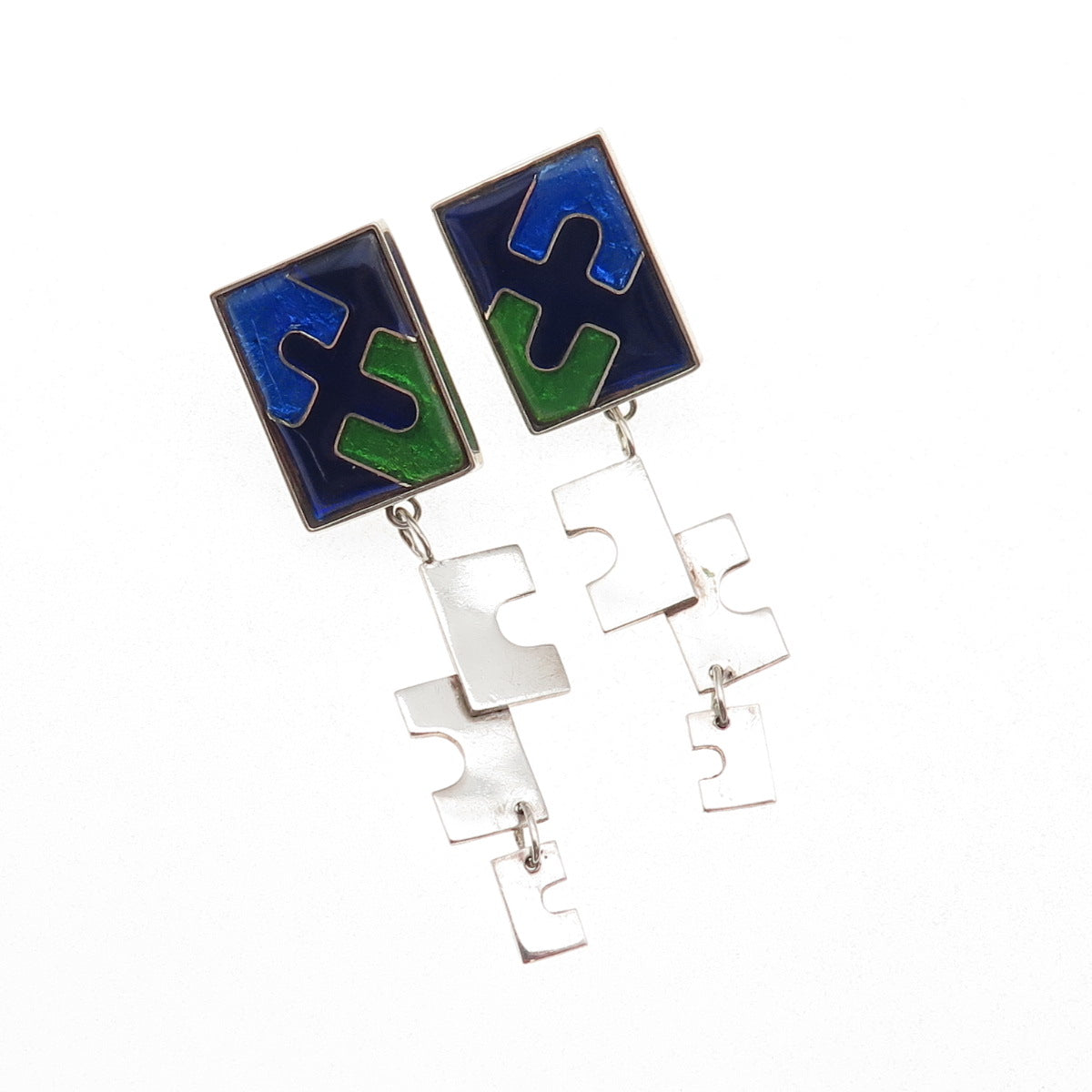 Pino 925 Sterling Silver Vintage Cloisonne Enamel Puzzle Dangle Earrings