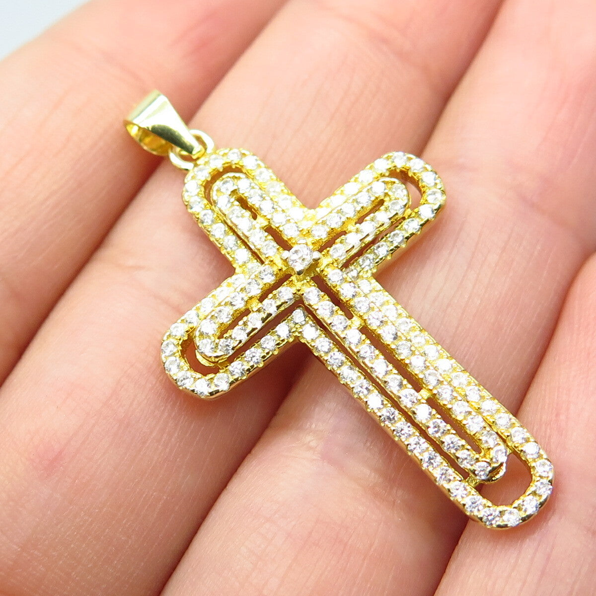 925 Sterling Silver Gold Plated C Z Cross Pendant