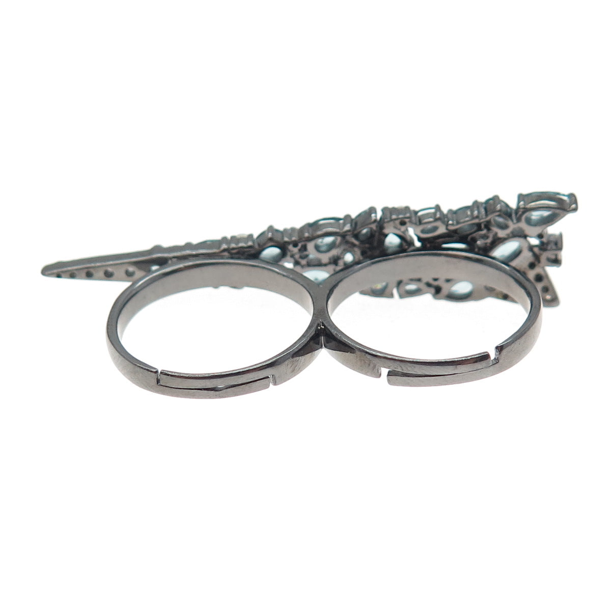 925 Sterling Black Rhodium Real Apatite & C Z Adjustable Two Finger Ring Size 6