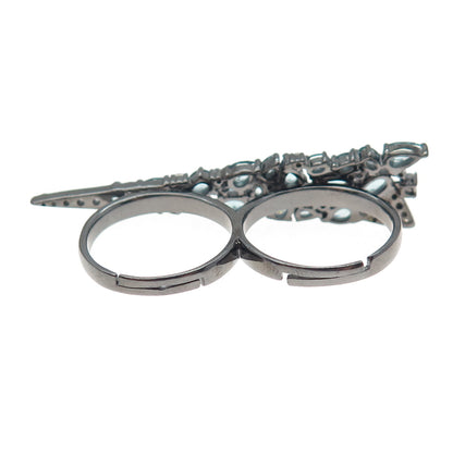 925 Sterling Black Rhodium Real Apatite & C Z Adjustable Two Finger Ring Size 6