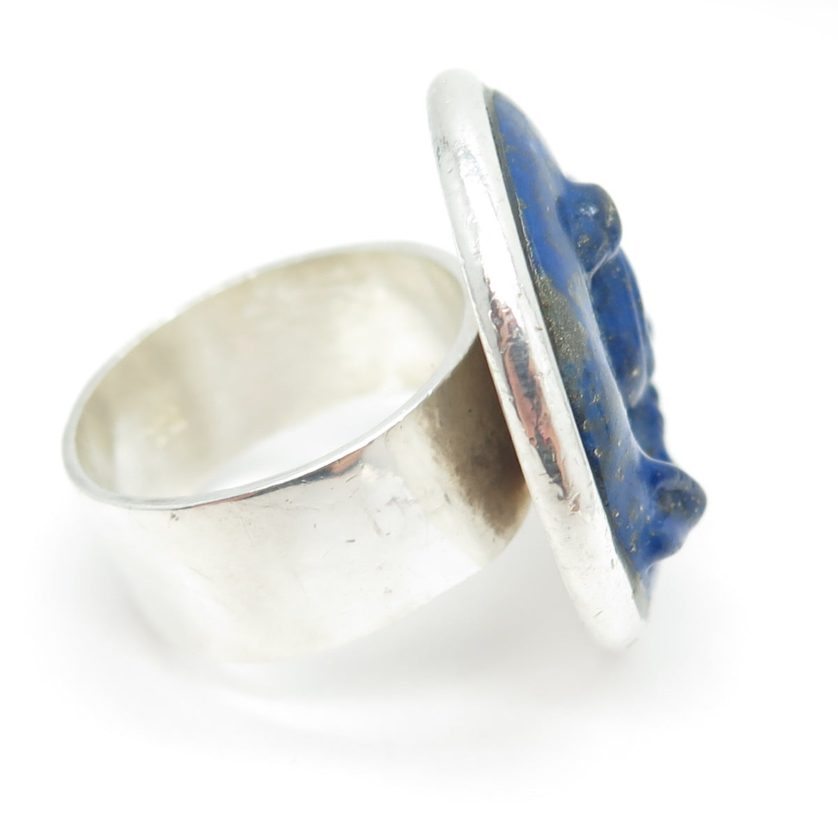 970 Silver Vintage Real Carved Lapis Lazuli Bird Cameo Statement Ring Size 10.25