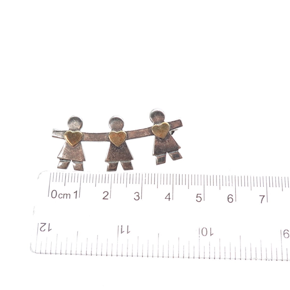 NALDO 925 Sterling Silver 2-Tone Vintage Children Holding Hands Heart Pin Brooch