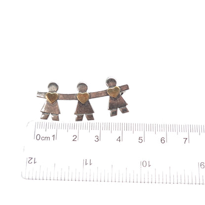 NALDO 925 Sterling Silver 2-Tone Vintage Children Holding Hands Heart Pin Brooch