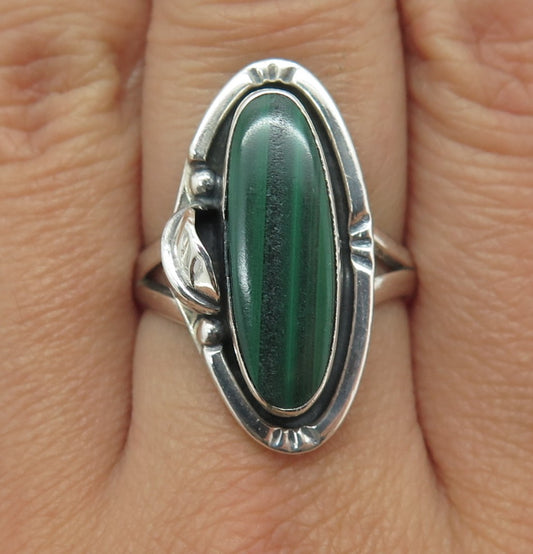 925 Sterling Silver Vintage Mexico Real Malachite Gem Statement Ring Size 8.5