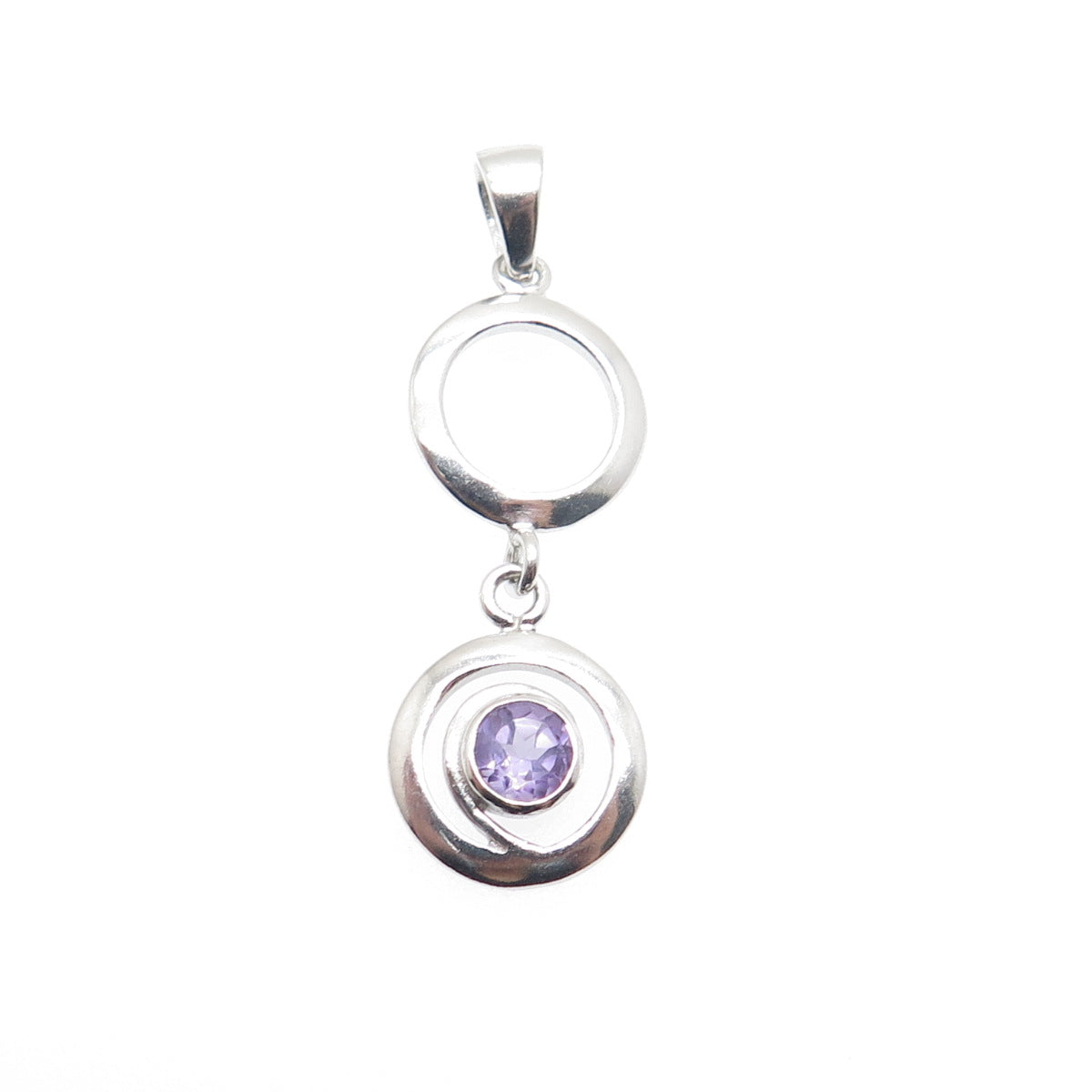 925 Sterling Silver Vintage Real Round-Cut Amethyst Circle Drop Charm Pendant