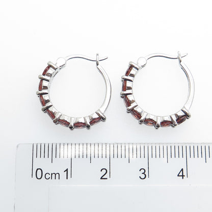 925 Sterling Silver Real Round-Cut Red Garnet Hoop Earrings