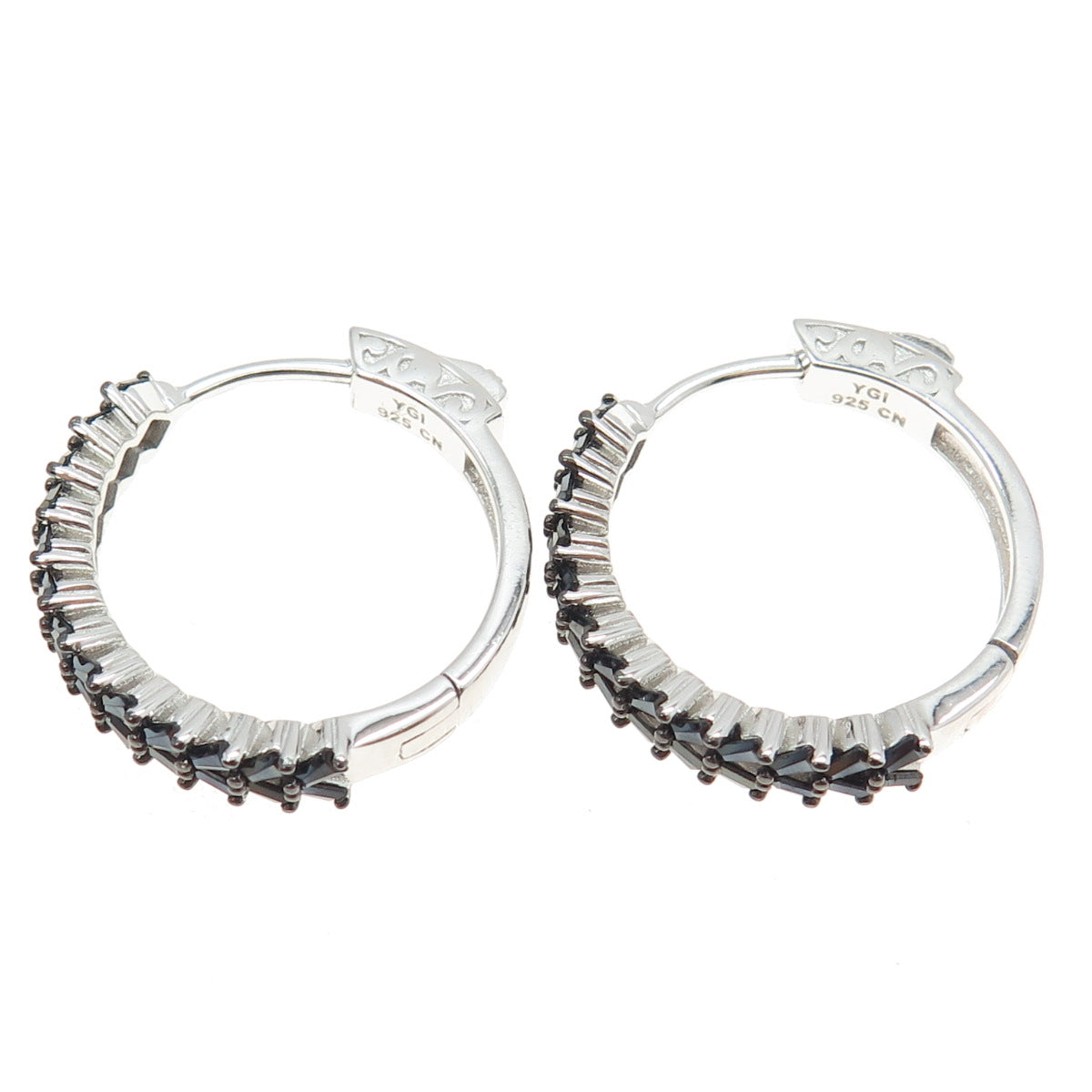 925 Sterling Silver Black C Z Huggie Earrings