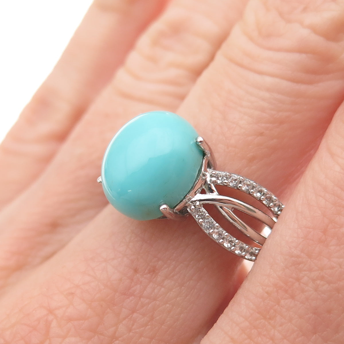925 Sterling Silver Real Sleeping Beauty Turquoise & White Topaz Ring Size 8