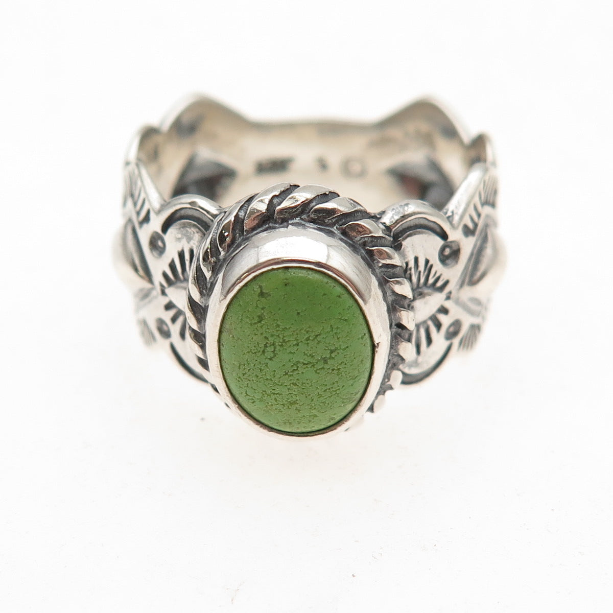 Shube Old Pawn 925 Sterling Silver Vintage Lime Green Turquoise Ring Size 9.5