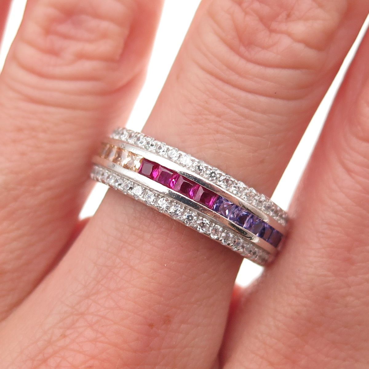 925 Sterling Silver Multi-Color C Z Band Ring Size 7.25