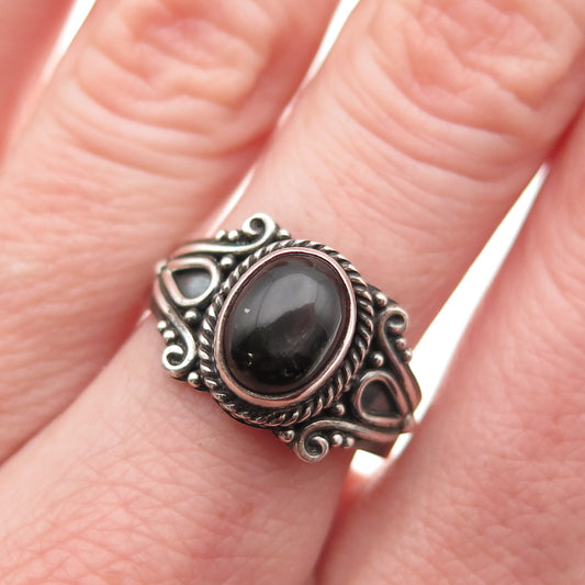 925 Sterling Silver Vintage Real Cabochon Black Obsidian Oxidized Ring Size 8.25