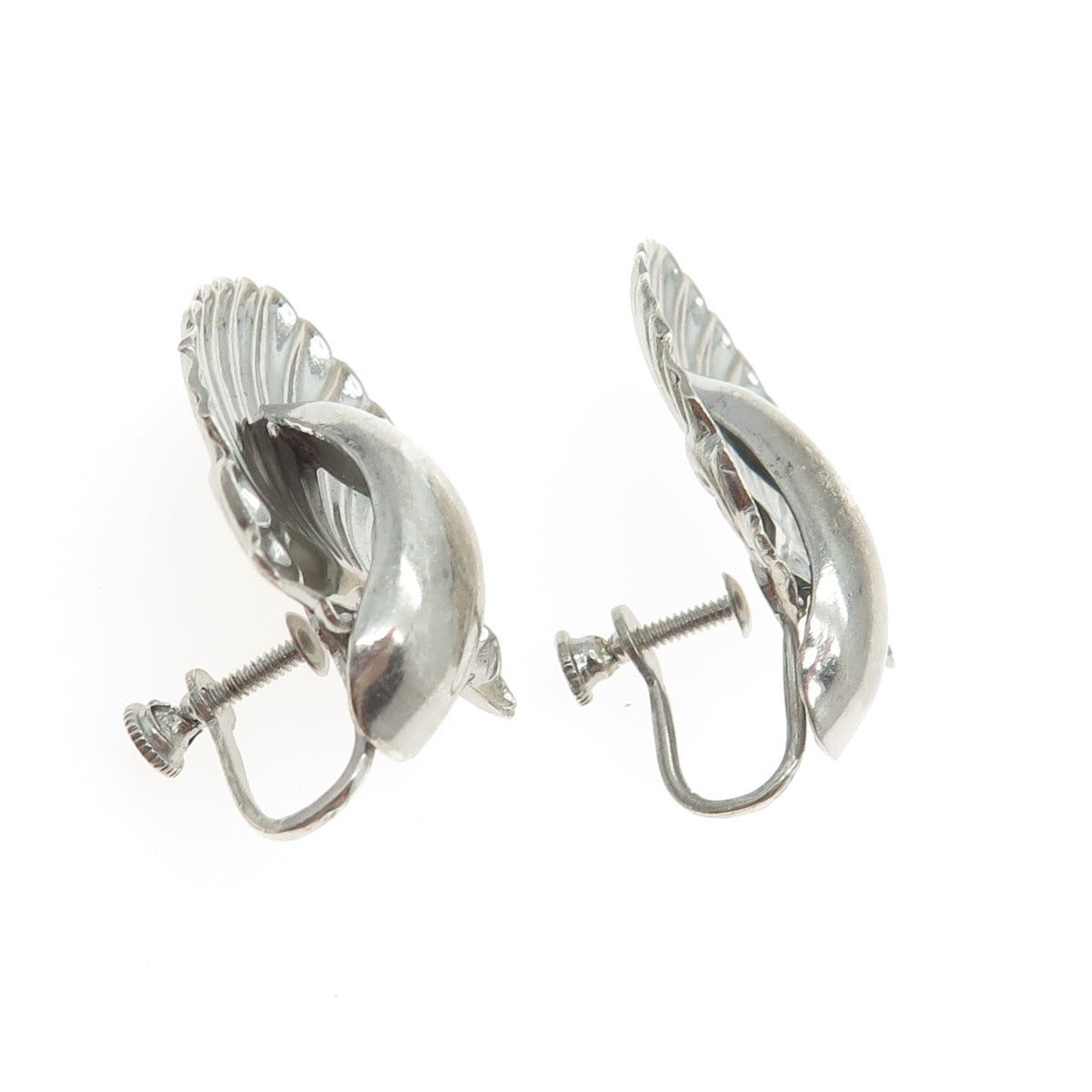 925 Sterling Silver Antique Art Deco Seashell Repousse Screw Back Earrings