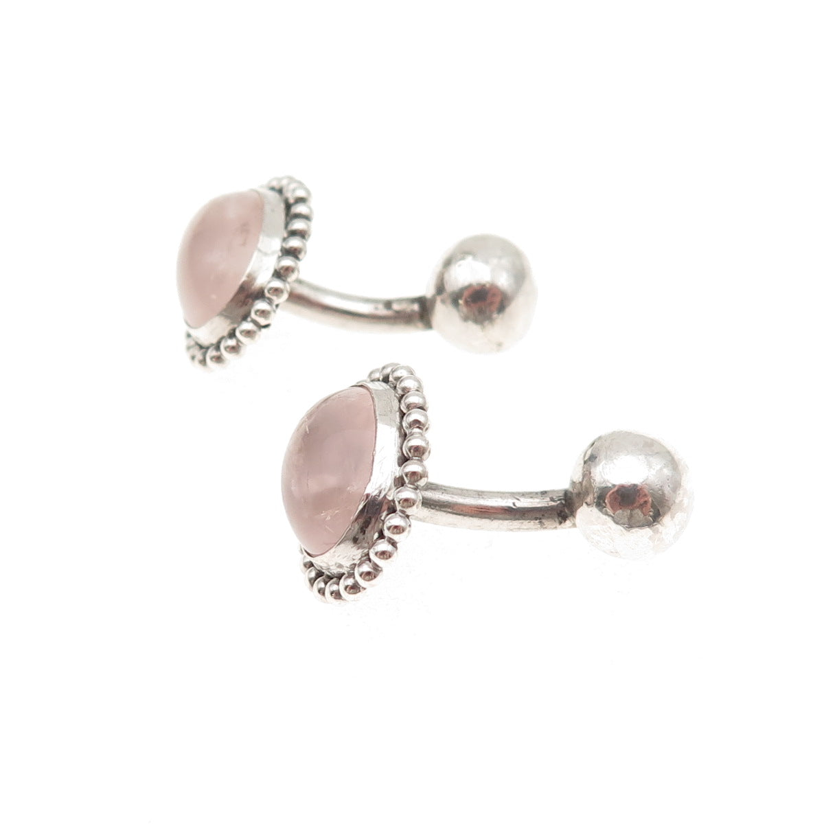 925 Sterling Silver Vintage Real Rose Quartz Beaded Oxidized Cufflinks
